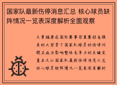 国家队最新伤停消息汇总 核心球员缺阵情况一览表深度解析全面观察