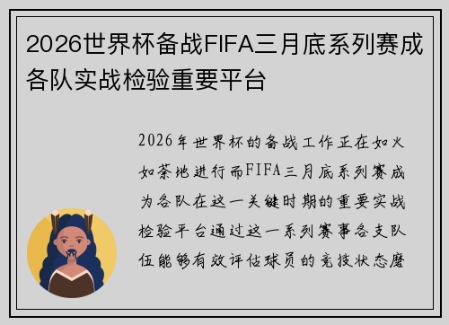 2026世界杯备战FIFA三月底系列赛成各队实战检验重要平台